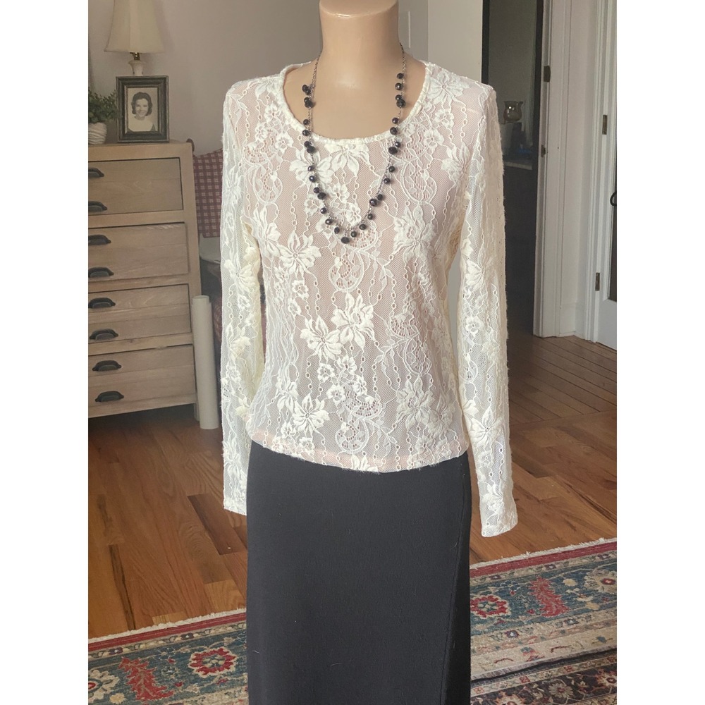 NWT‎ Bailey 44 Cream Floral Lace Long Sleeve Top Crew Neck Stretch Ivory Small
